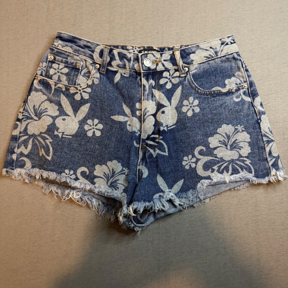 Playboy by PacSun Luau Festival High waist Denim Shorts Blue Size 27 Raw Hem Y2K
